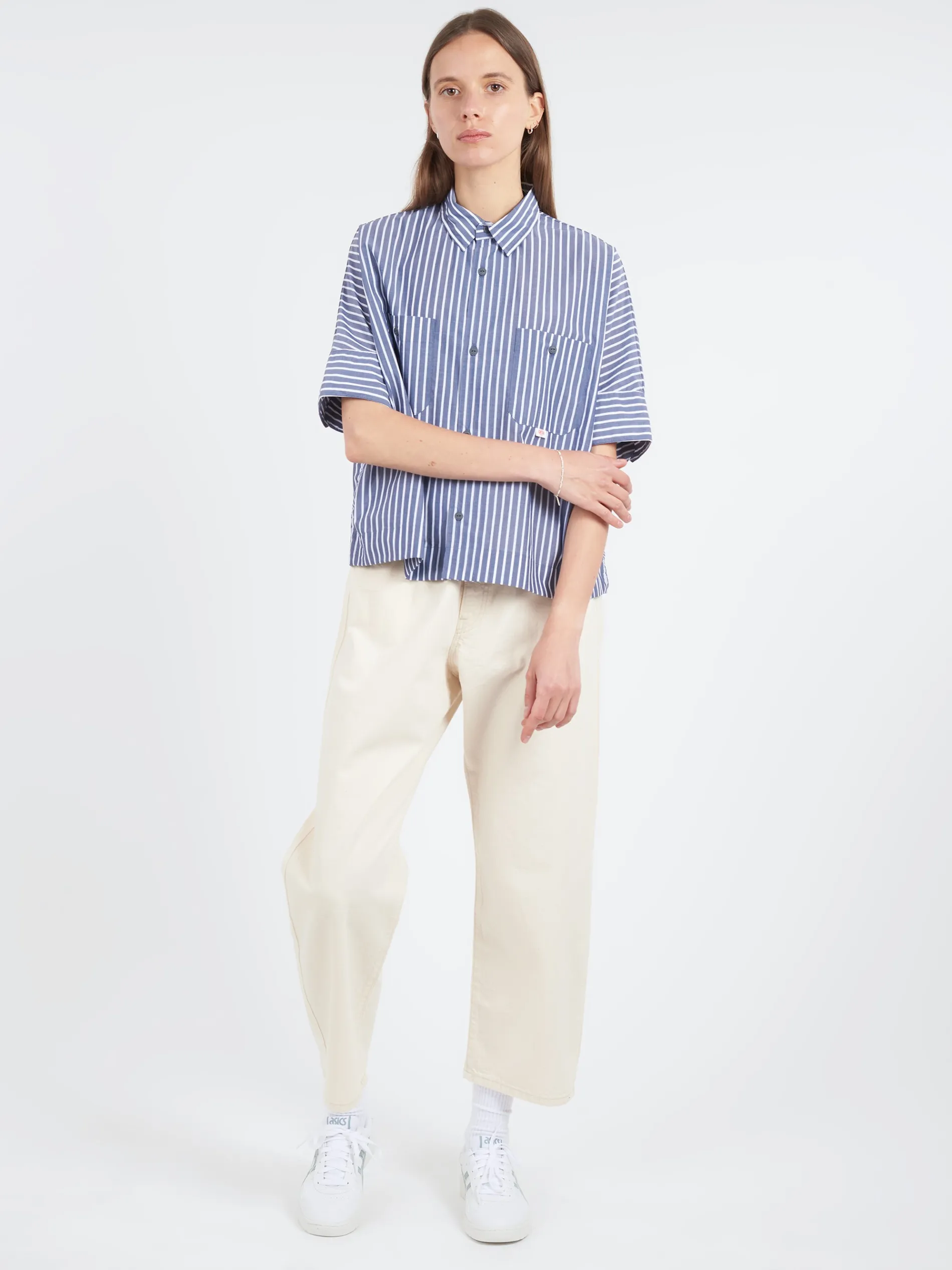 Danton - Women's Short Sleeve Work Shirt in Navy and White Stripe