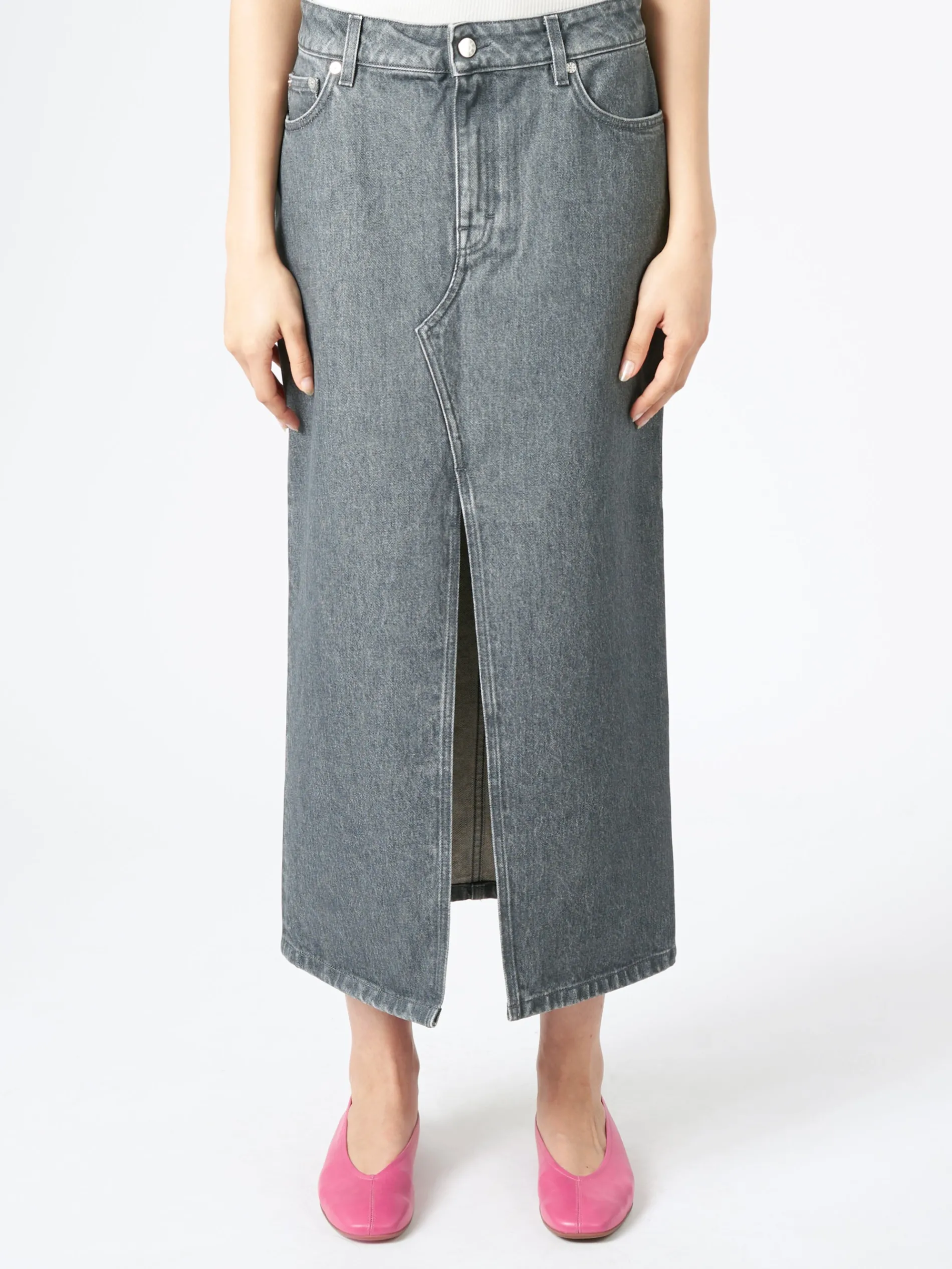 Filippa K - Long Slit Denim Skirt in Mid Grey Wash