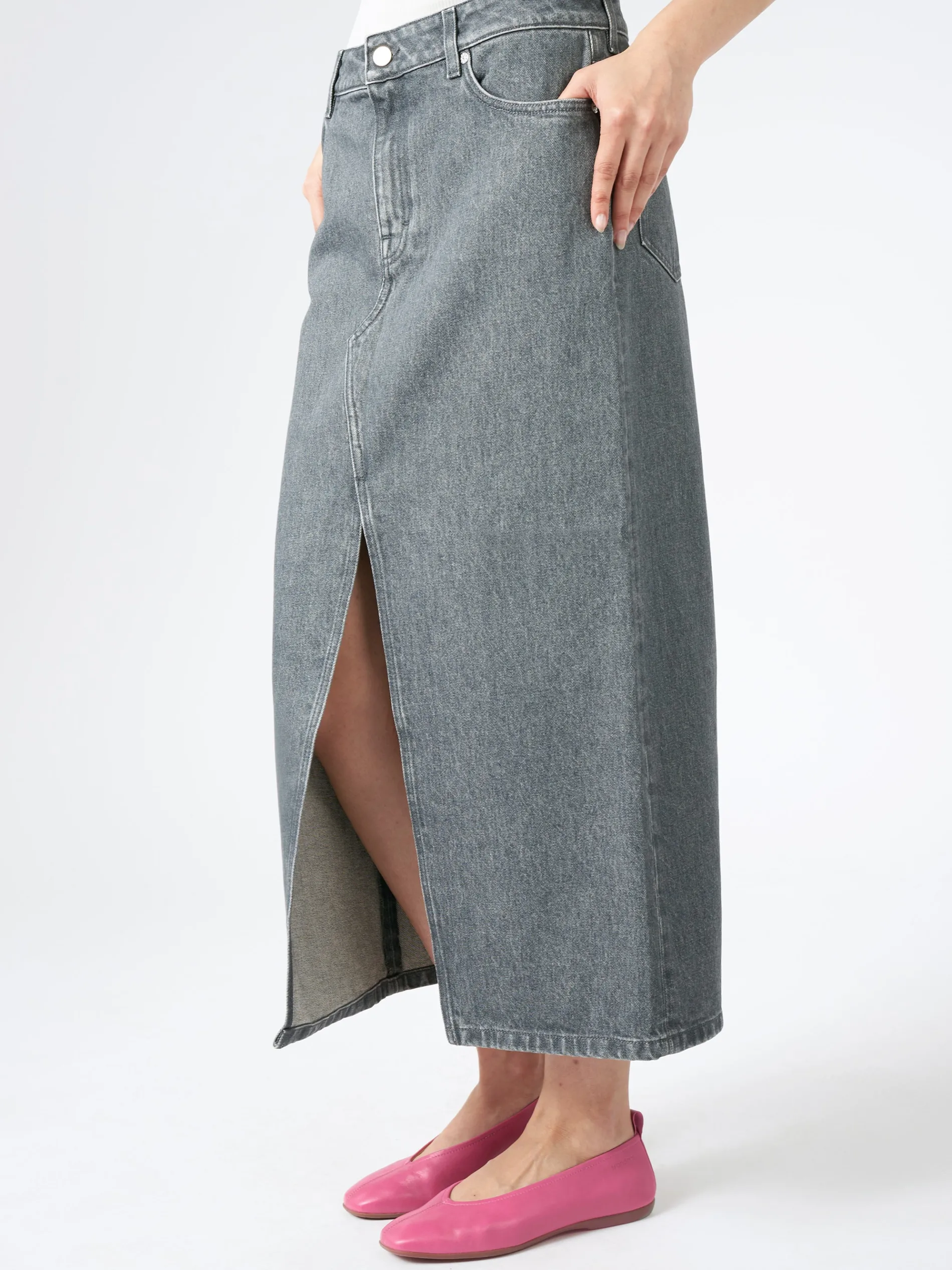 Filippa K - Long Slit Denim Skirt in Mid Grey Wash
