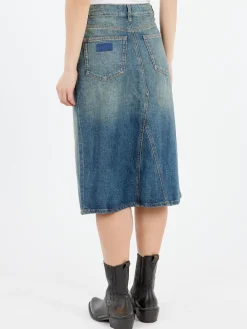 GANNI - Heavy Washed Denim Midi Skirt in Mid Blue Vintage
