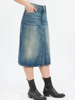 GANNI - Heavy Washed Denim Midi Skirt in Mid Blue Vintage