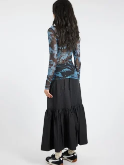 GANNI - Printed Mesh L/S Rollneck in Blue Shadow