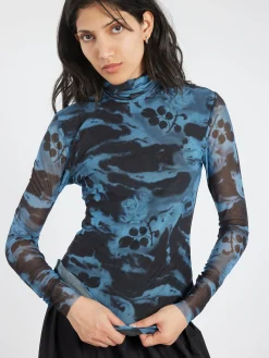GANNI - Printed Mesh L/S Rollneck in Blue Shadow