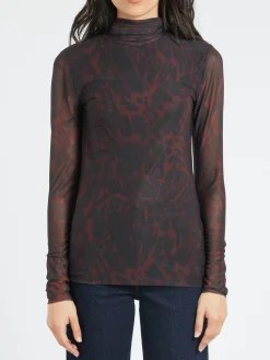 GANNI - Printed Mesh L/S Rollneck in Bitter Chocolate