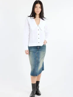 GANNI - V-Neck Frill Collar Shirt in Bright White