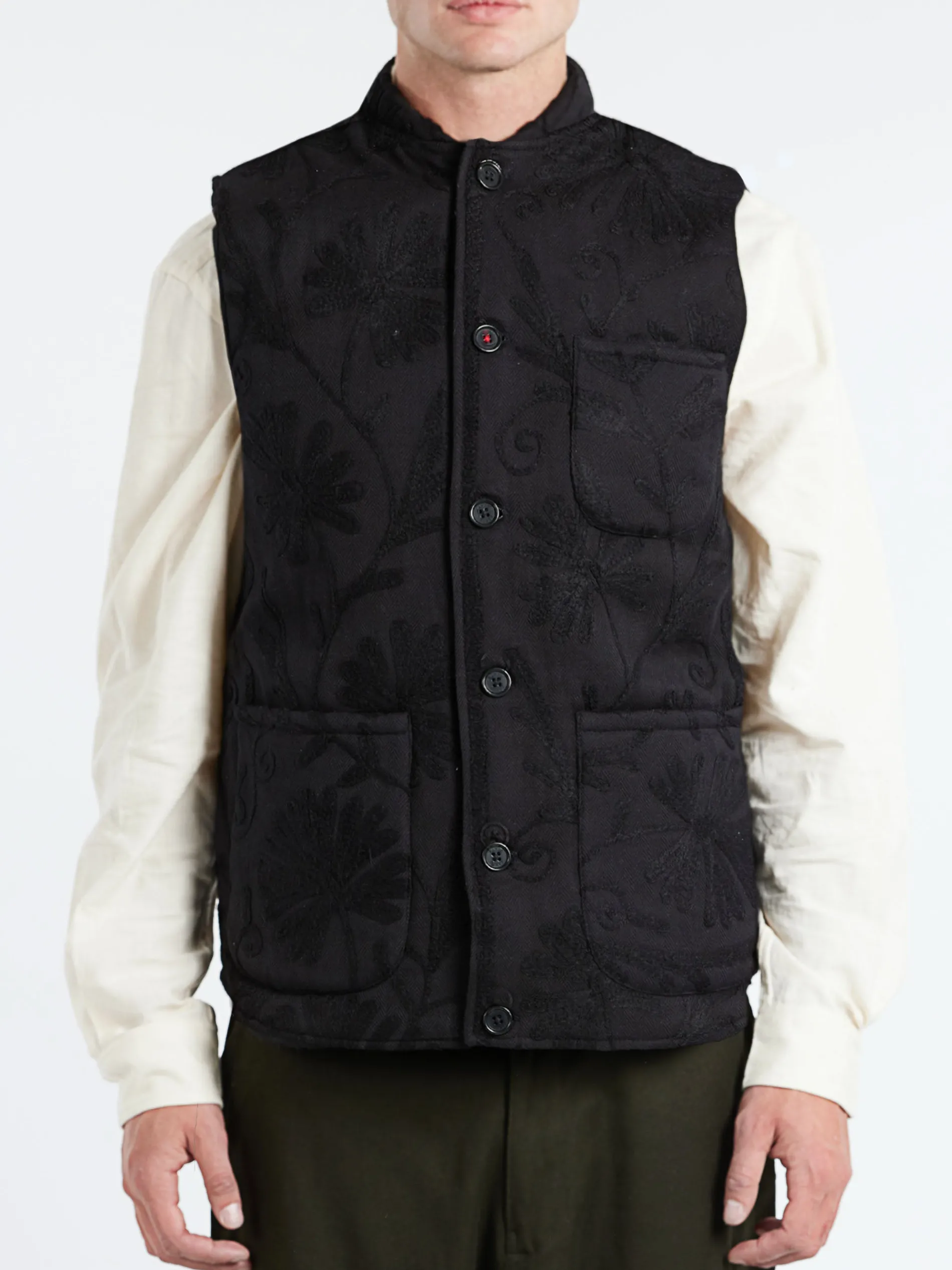 Kardo - Leo Quilted Vest with Suzani Embroidery in Black