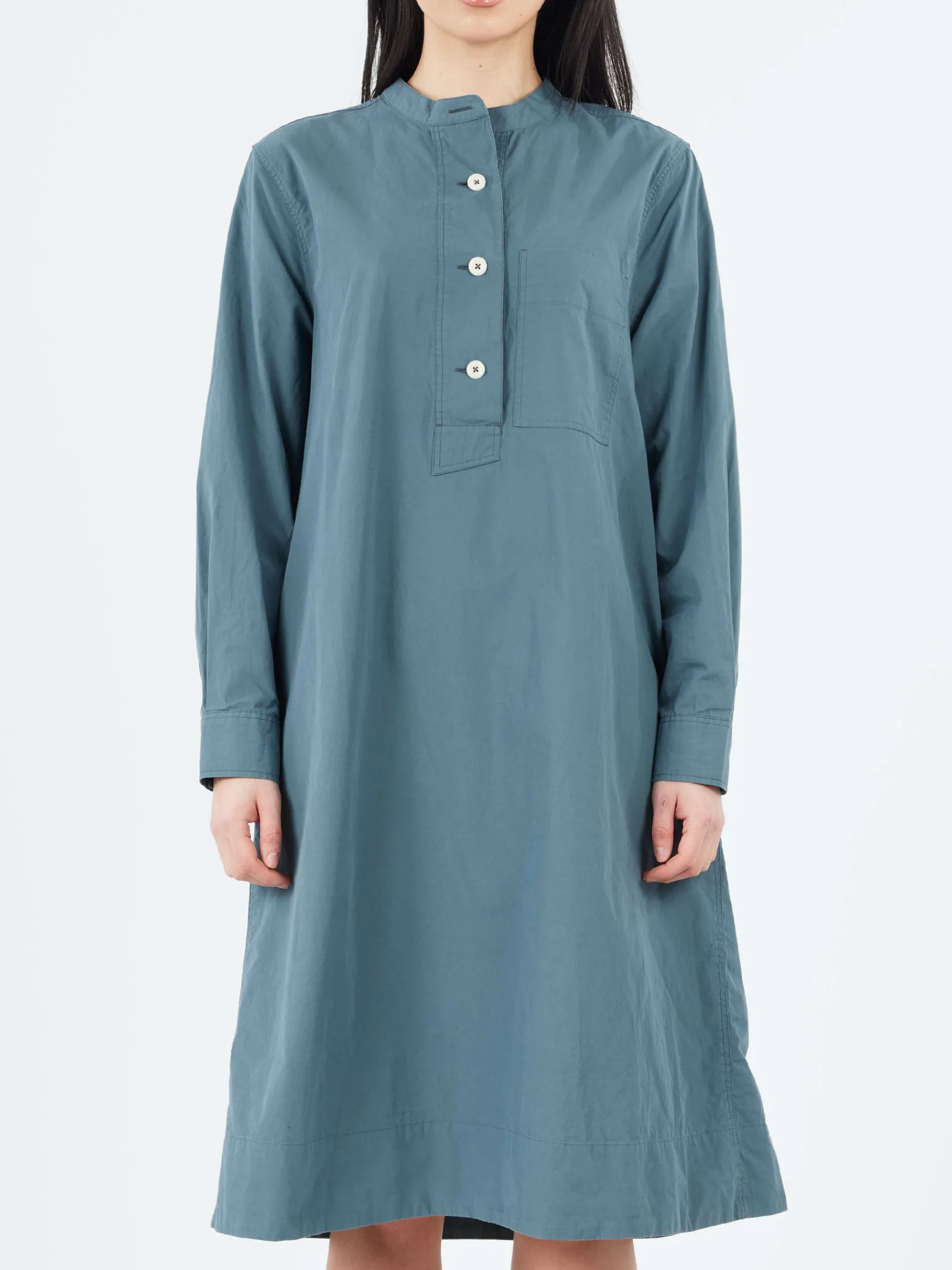 Margaret Howell - MHL Collarless Swing Dress in Mineral Blue