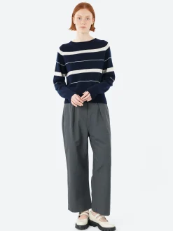 Margaret Howell - Striped Roll Edge Jumper in Ink and Mother Of Pearl