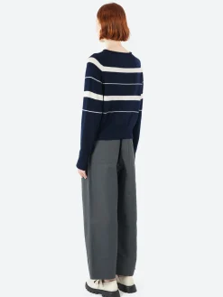 Margaret Howell - Striped Roll Edge Jumper in Ink and Mother Of Pearl
