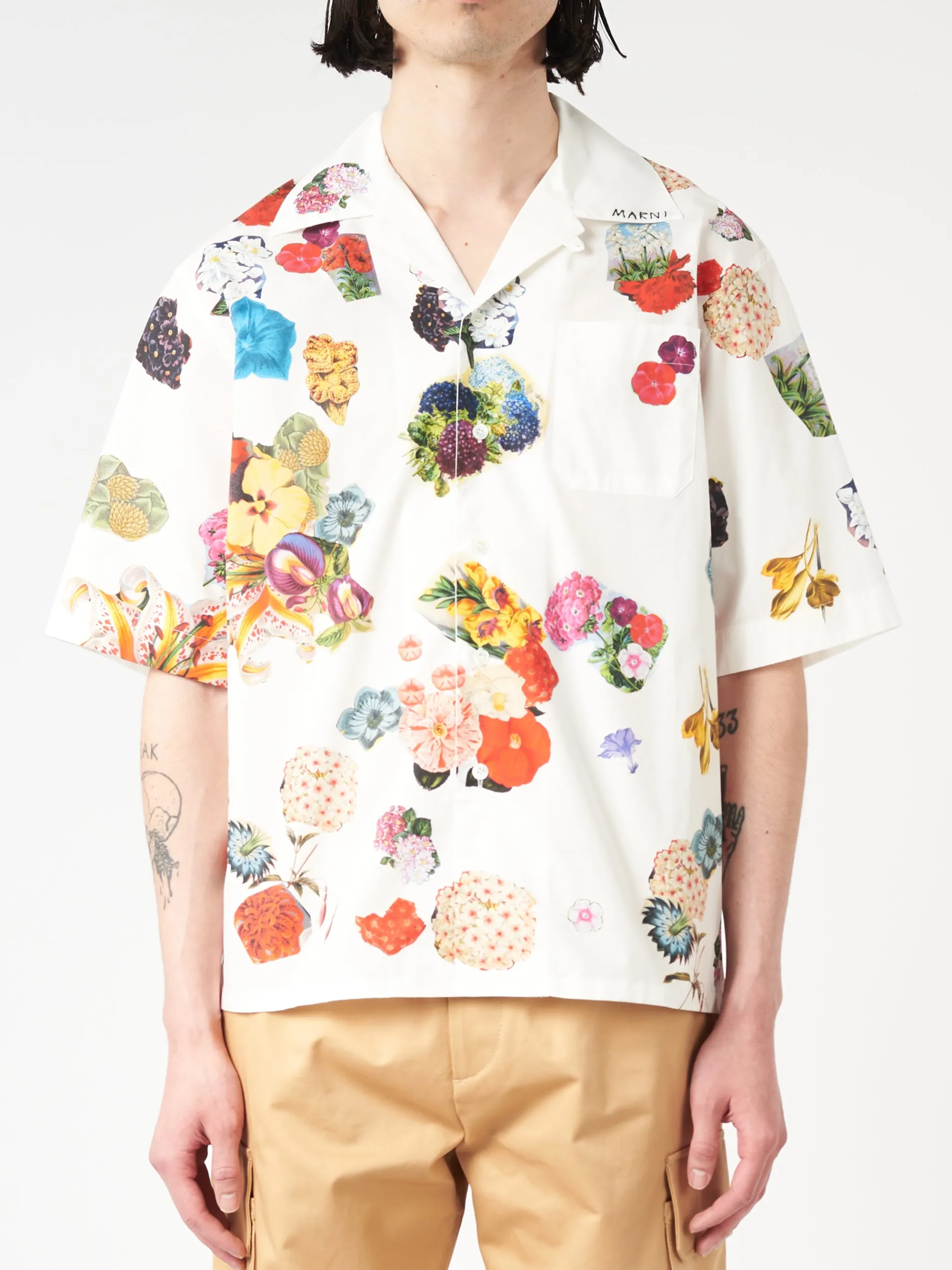 Marni - Bowling Shirt with Flower Prints in Lily White