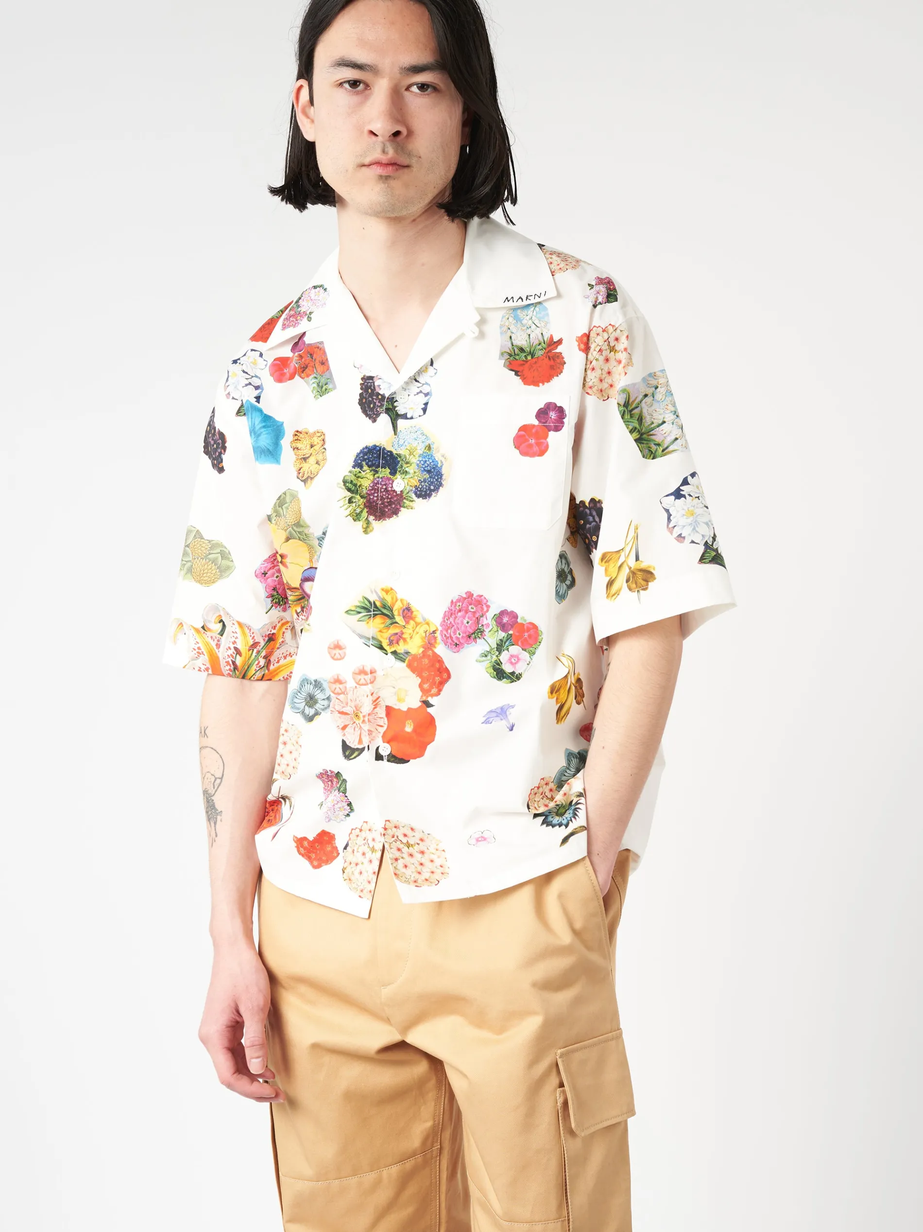 Marni - Bowling Shirt with Flower Prints in Lily White