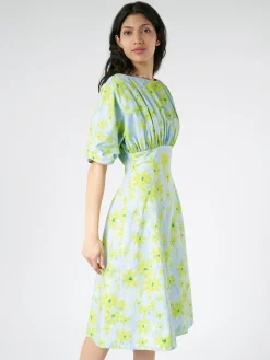 Marni - Poplin Gathered Dress with Parade Print in Aquamarine