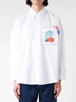 Marni - Poplin Shirt with Flower Patches in Lily White