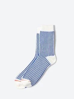 ROTOTO - Vertical Stripe Sock in White and Royal Blue