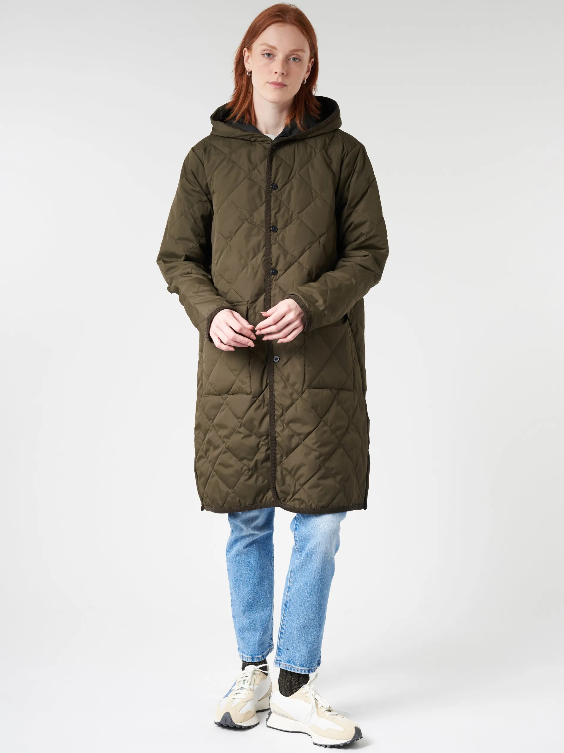 Taion - Piping Hood Long Down Coat in Dark Olive