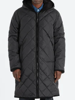 TAION - Reversible Piping Hood Long Coat in Black