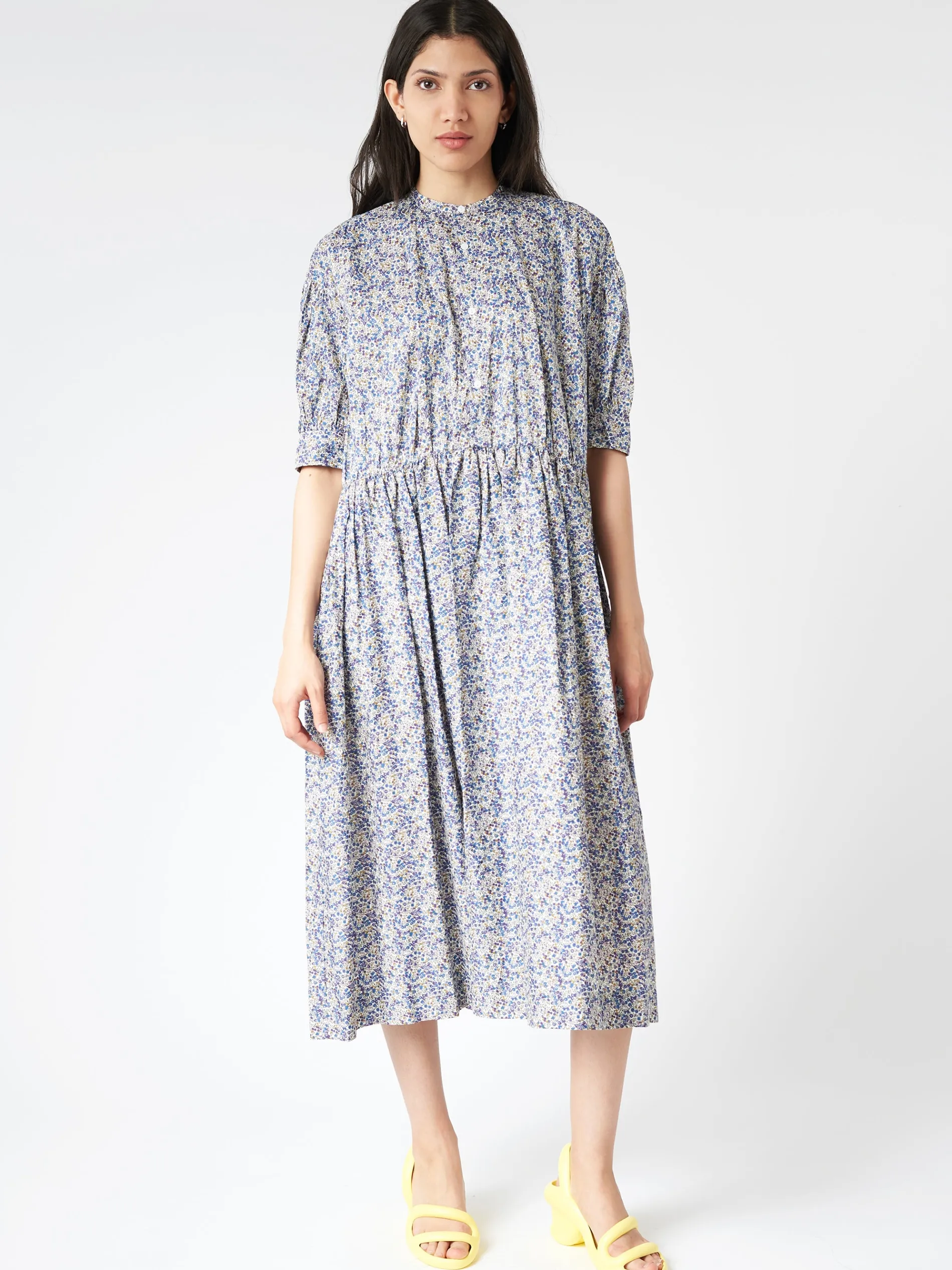 Toujours - Half Sleeve Gathered Dress in Blue Berry