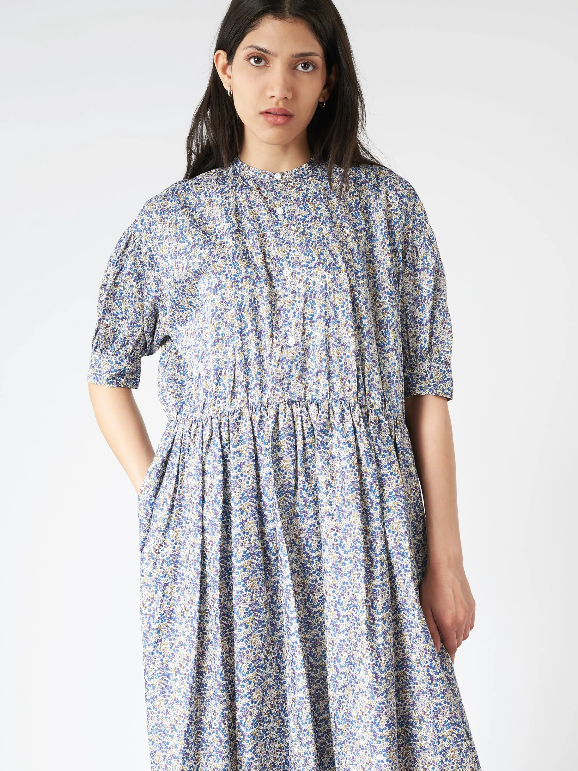 Toujours - Half Sleeve Gathered Dress in Blue Berry