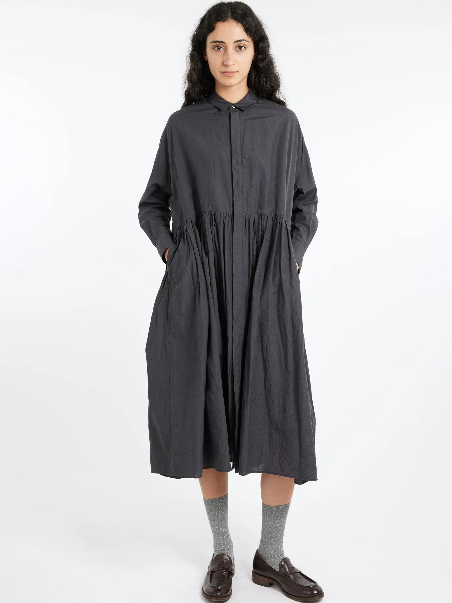 Toujours - Pleated Baggy Shirt Dress in Ink