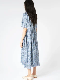Toujours - Short Sleeve Gathered Dress in Blue Liberty Floral