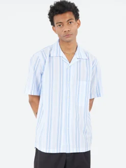 Universal Works - Camp Shirt in White and Blue Pop Stripe