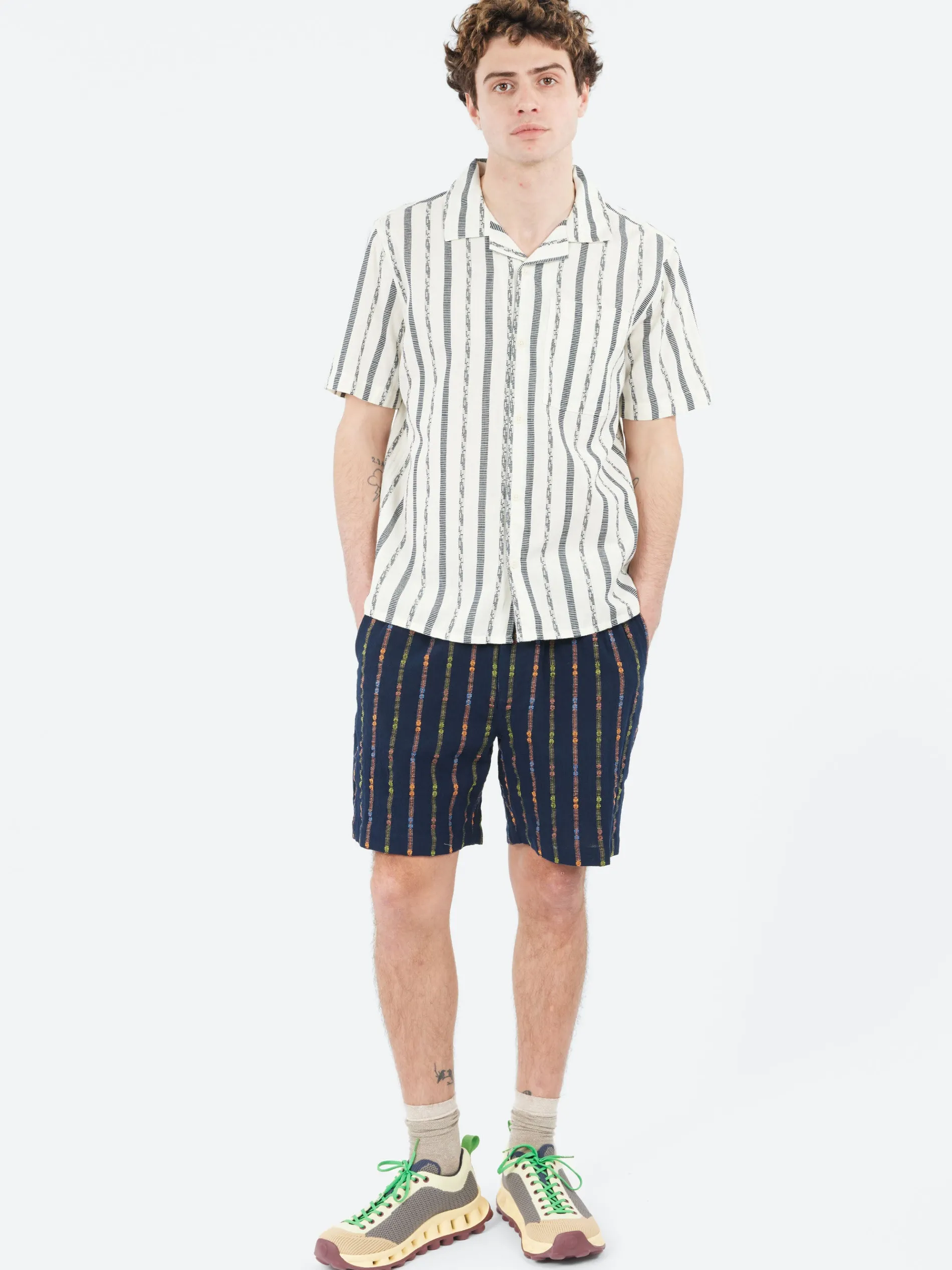 Wax London - Didcot Fleck Stripe Short Sleeve Shirt in Ecru