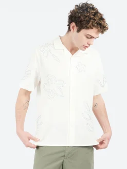 Wax London - Didcot Floral Embroidered Short Sleeve Shirt in Ecru and Pale Blue