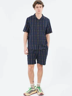 Wax London - Didcot Short Sleeve Shirt in Navy and Orange