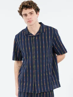 Wax London - Didcot Short Sleeve Shirt in Navy and Orange