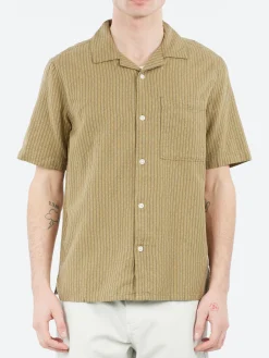 Wax London - Didcot Slub Stripe Short Sleeve Shirt in Khaki