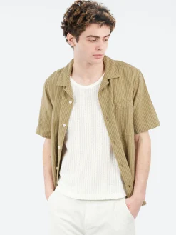 Wax London - Didcot Slub Stripe Short Sleeve Shirt in Khaki