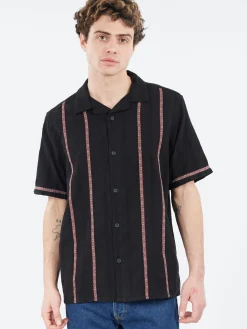 Wax London - Didcot Striped Open Dobby Short Sleeve Shirt in Black and Multi