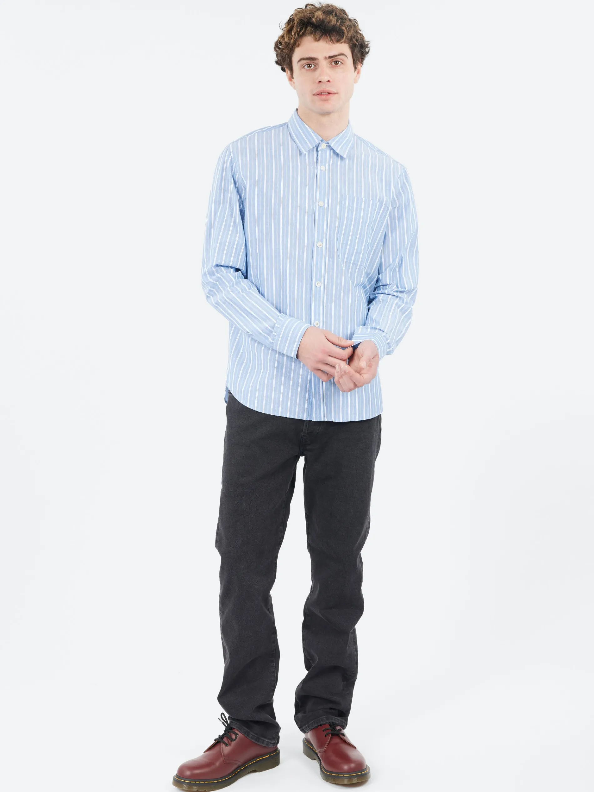 Wax London - Rove Striped Cotton Poplin Shirt in Blue