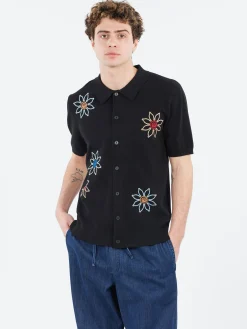 Wax London - Tellaro Embroidered Knitted Cotton Polo in Black