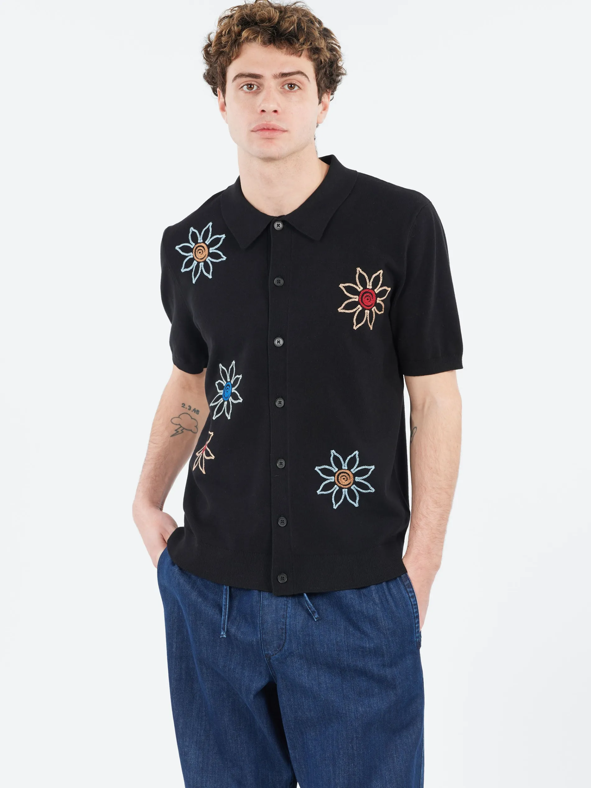 Wax London - Tellaro Embroidered Knitted Cotton Polo in Black