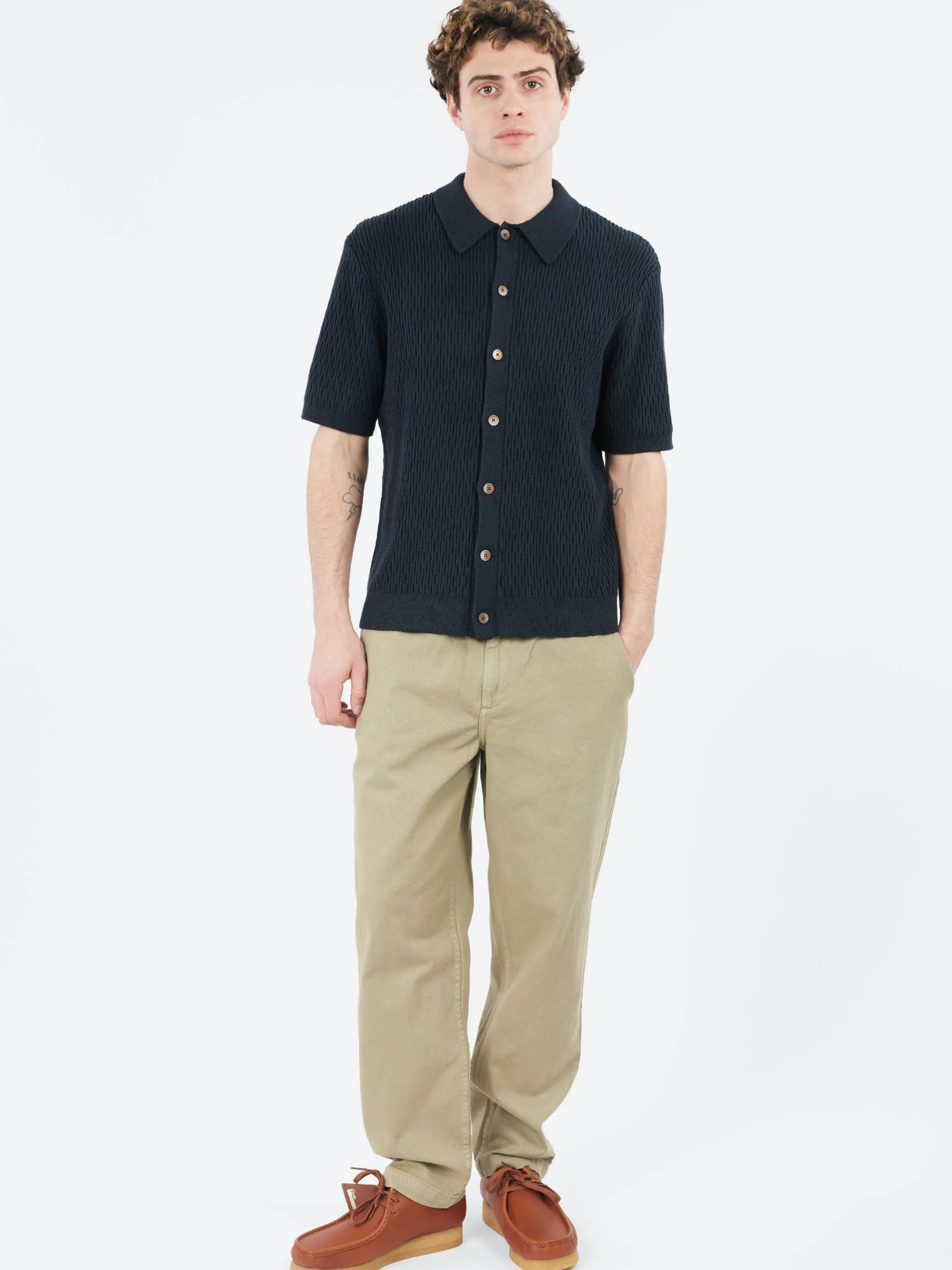Wax London - Tellaro Honeycomb Knitted Cotton Polo Shirt in Navy