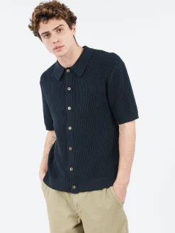 Wax London - Tellaro Honeycomb Knitted Cotton Polo Shirt in Navy